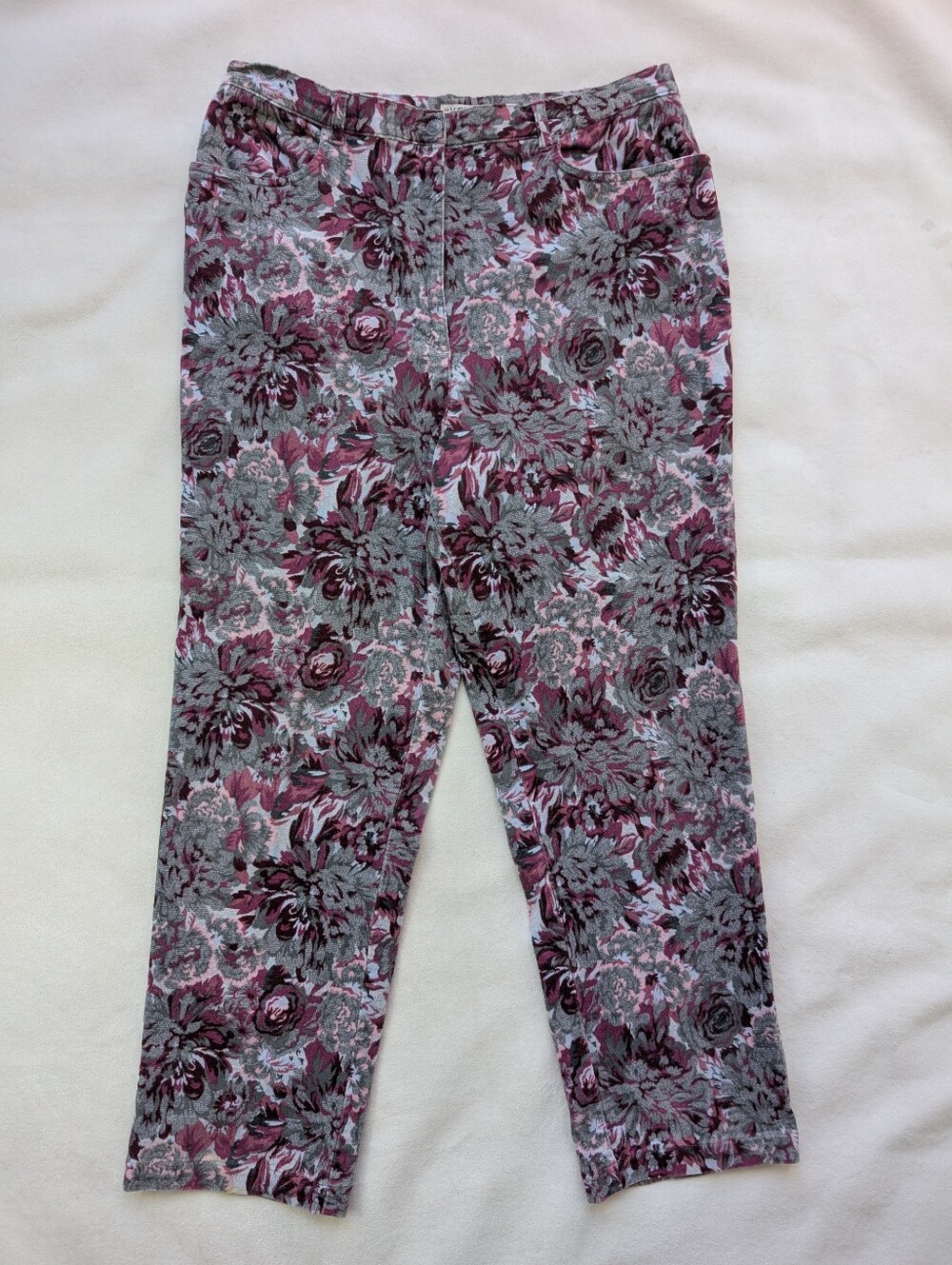 Vintage Tabi Women's Grey Pants Stretch Floral Velvet Cotton Size 14- Runs Large